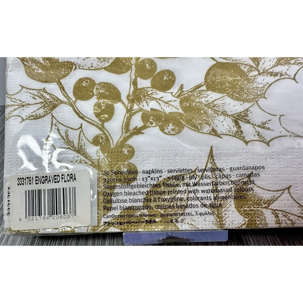 Christmas PPD Napkins Holiday Gold Holly Decoupage Xmas Decor